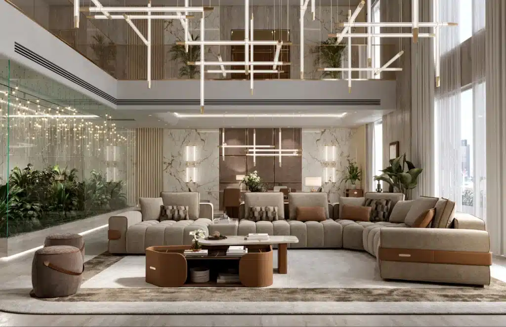 Rendering 3D: living doppia altezza
