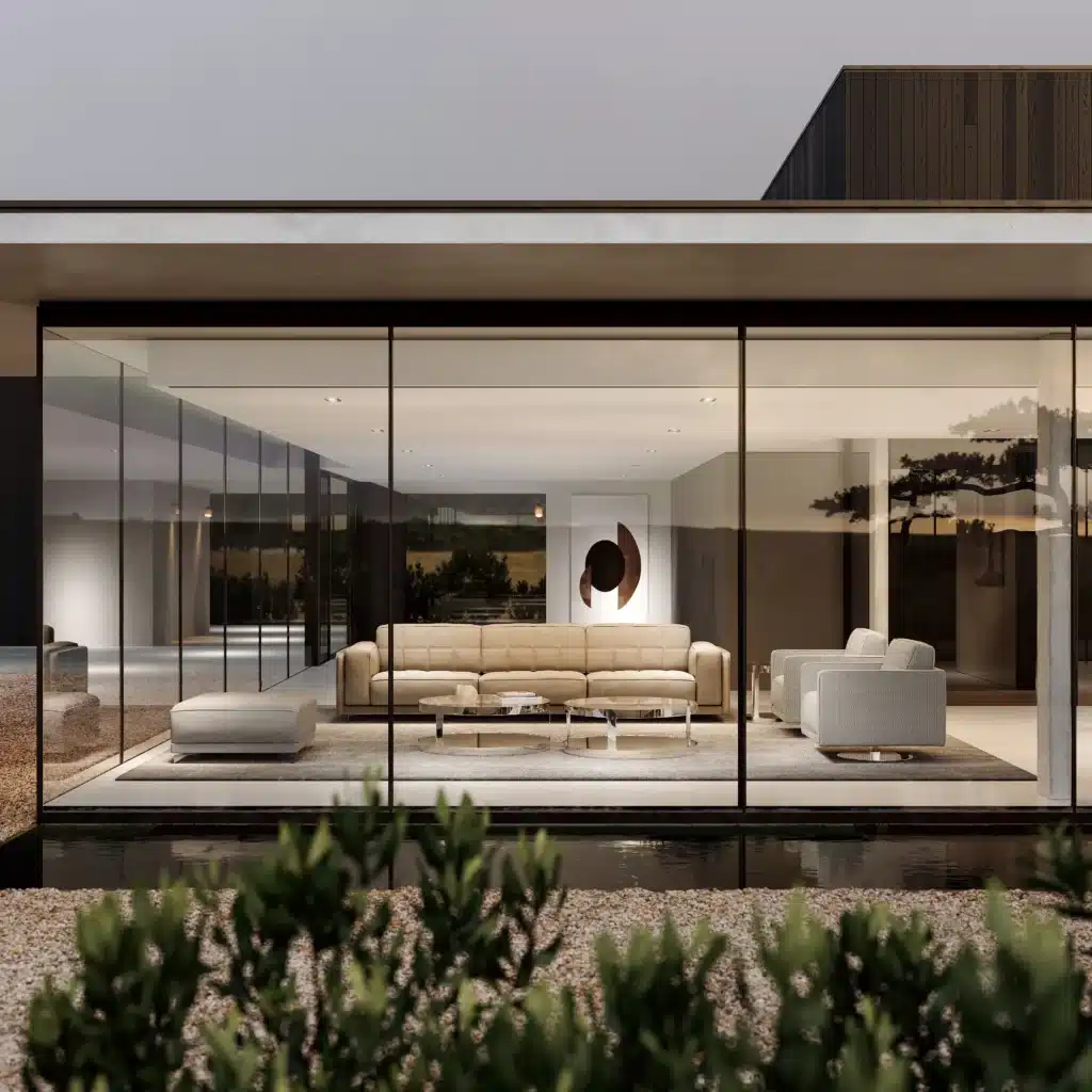 Villa vetrata esterno sera – progetti di rendering 3D LIGHTHUG